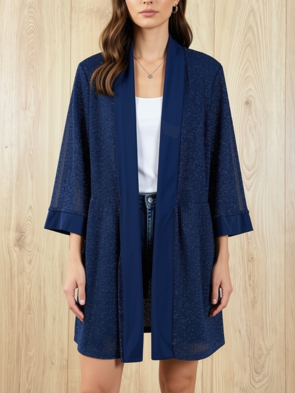 R&M Richards Navy Metallic Dressy Open Cardigan Eveningwear Party Business 16W